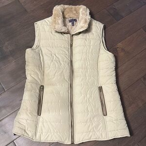 Long tall Sally winter vest, size 14, faux fur collar, beige/tan- no hood